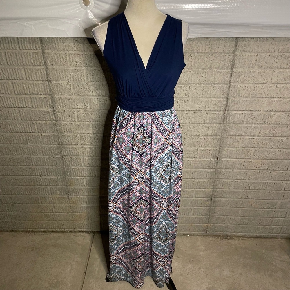 GILLI Womens Navy Print Sleeveless Surplice 2fer Shay Maxi Dress Size Small‎